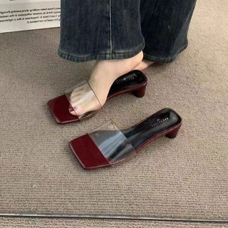 Giày cao gót mũi vuông chunky cho nữ, kiểu slip-on trong suốt