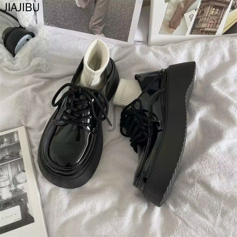 Size 34-46 Giày Da Mũi Tròn Chống Trượt Phong Cách Preppy Của Anh Giày Nữ Cỡ Lớn Giày Buộc Dây Oxford 44 Giày Đi Học Màu Đen 43 Korean Fashion Cosplay Platform Mary Jane Shoes Retro Japanese Casual JK Shoes French Soft Sole Lolita Doll Shoes Giày Mũi To