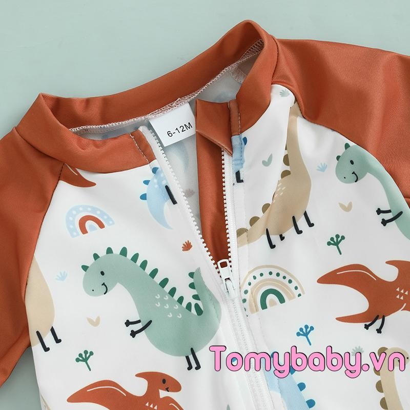 Đồ bơi bé trai mới biết đi Họa tiết khủng long tay ngắn nửa dây kéo không đóng cọc Rash Guard Đồ bơi + Sunhat