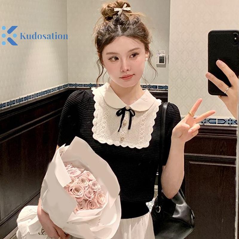 Kudosation Pháp Nơ Ngọt Ngào Cổ Búp Bê Tay Ngắn Chắp Vá Rỗng Cổ Dệt Kim Áo Thun Nữ Đẹp