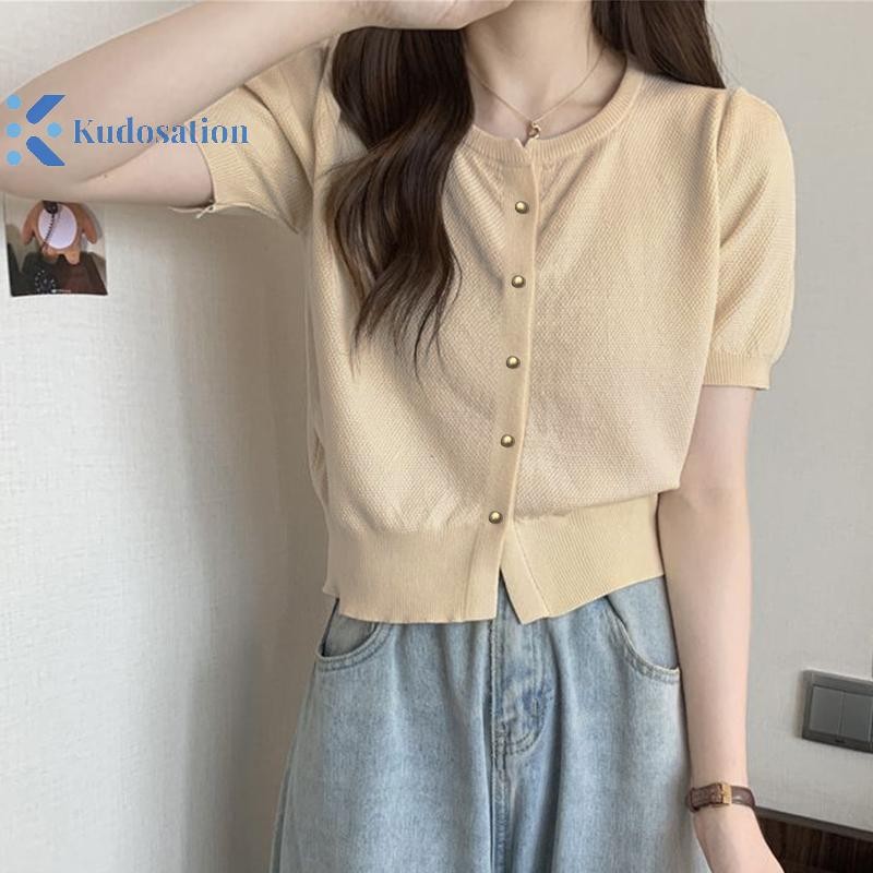 Kudosation Thời Trang Cổ Tròn Nút Dệt Kim Tay Ngắn Cardigan Áo Thun Nữ Đẹp