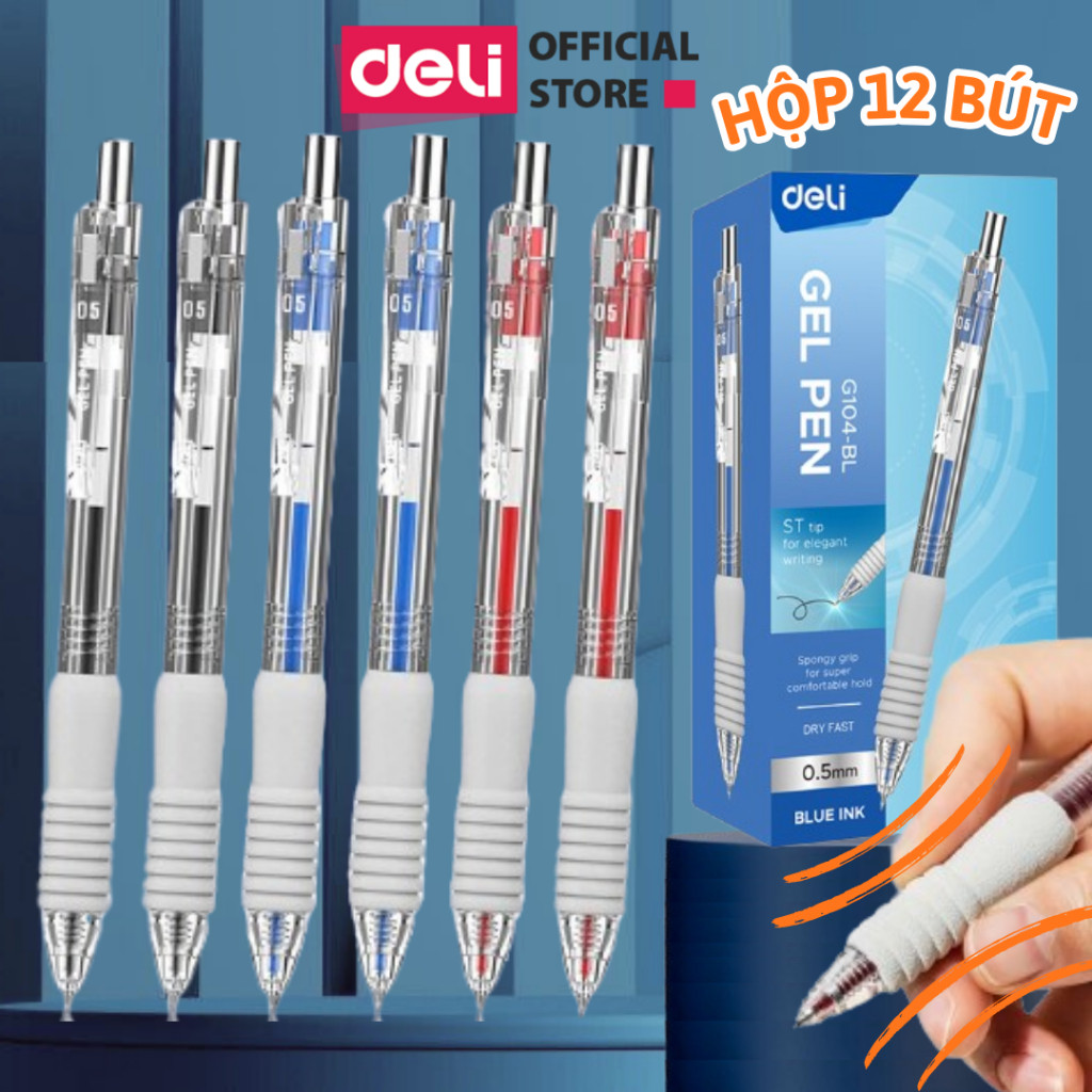 Hộp 12 Bút Bi Nước Đệm Xốp Deli Nhanh Khô Bút Gel Mực Bấm Deli  Nhiều Màu Trơn Tru Ngòi 0.5mm Cho Học Sinh