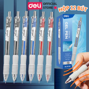 Hộp 12 Bút Bi Nước Đệm Xốp Deli Nhanh Khô Bút Gel Mực Bấm Deli Nhiều Màu Trơn Tru Ngòi 0.5mm Cho Học Sinh