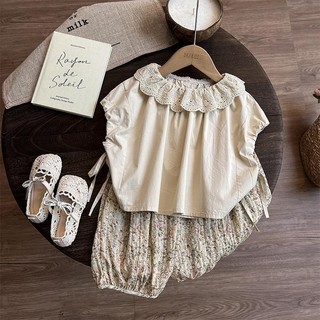 Áo thun ngắn tay cho bé gái mùa hè + quần dài hoa hai mảnh, bộ thời trang mới mùa hè, phong cách Mori, trang phục mùa hè cho trẻ em, bộ quần hoa chống muỗi cho bé gái