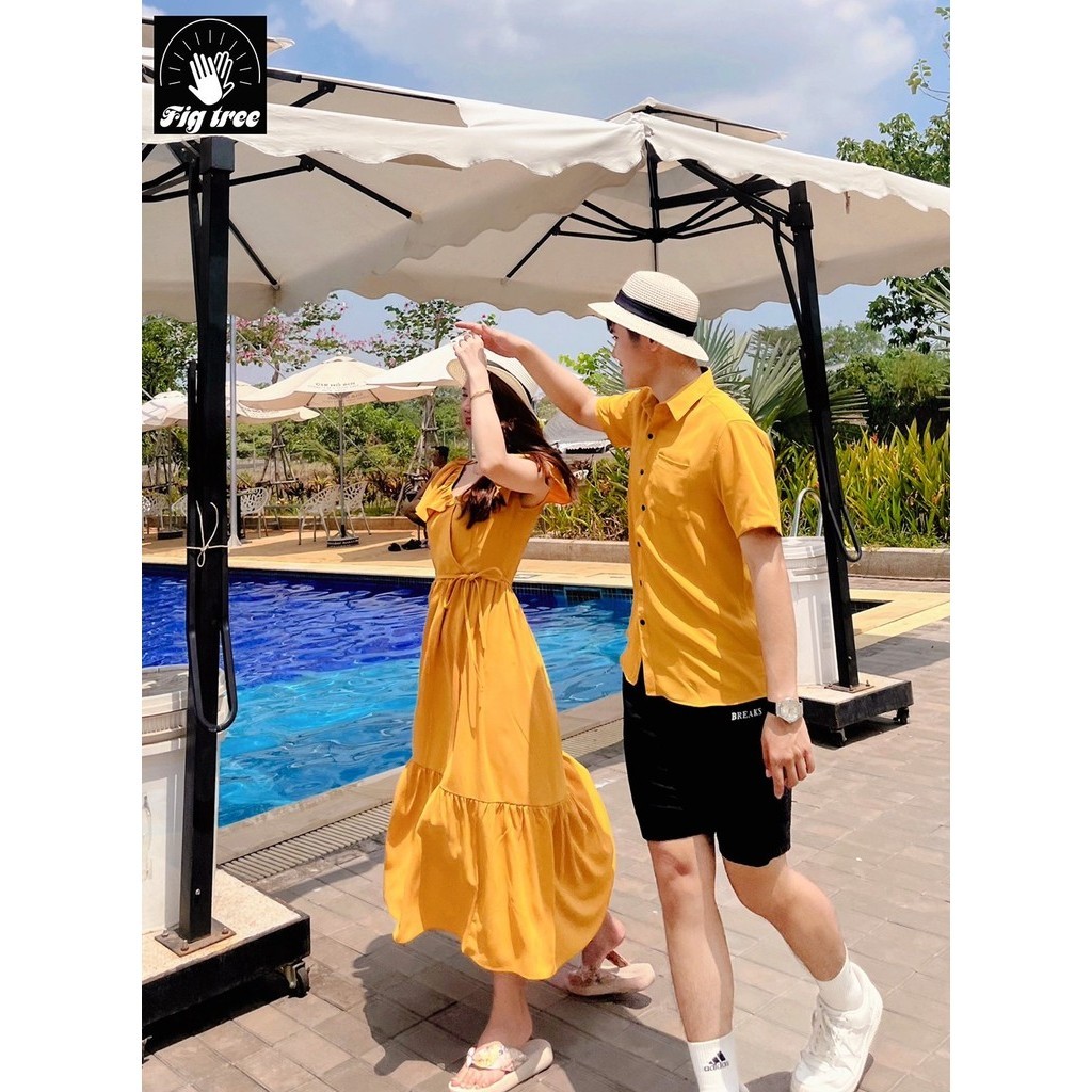 Đồ Đôi - Áo Váy Đôi Fig Tree Màu Vàng Đũi Trơn Cao Cấp Tươi Sáng Hot New (Hàng thiết kế full size)