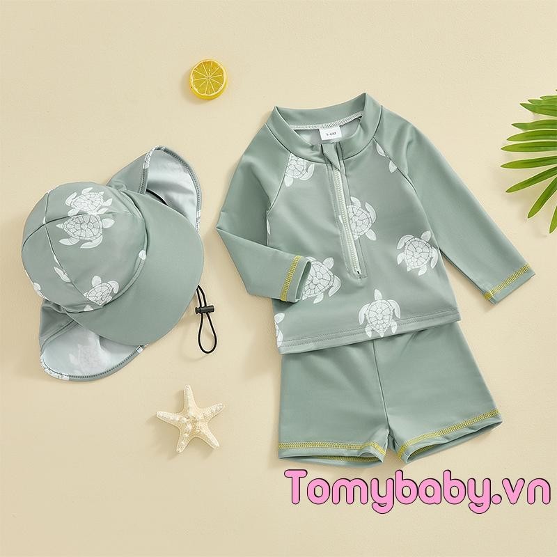 Trẻ Em Bé Trai Rash Guard Bộ Đồ Bơi Dài Tay In Hình Rùa + Quần Short + Mũ Đồ Bơi 3 Chiếc Đồ Bơi