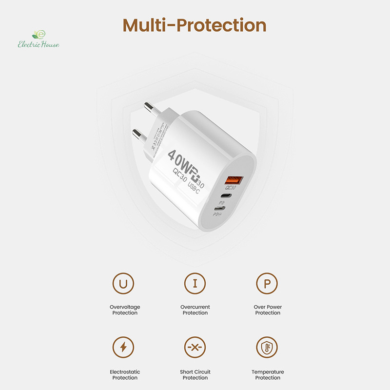 [Nhà Điện] Sạc USB C 40W Sạc 3 Cổng Loại C Sạc Điện Thoại Di Động PD Power Adapter Cho QC3.0 mới