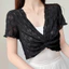 Áo thun ren DELMER, Áo Crop top lưới cổ chữ V rỗng, sọc thời trang xuyên thấu phong cách Hàn Quốc Khăn choàng chống nắng cho nữ