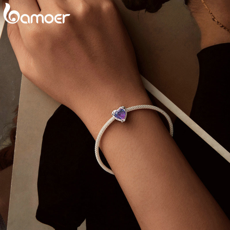 Bamoer 925 Sterling Sliver Charm Gradient Tím-pink Trái Tim Mặt Dây Chuyền Phụ Kiện Cho Vòng Tay
