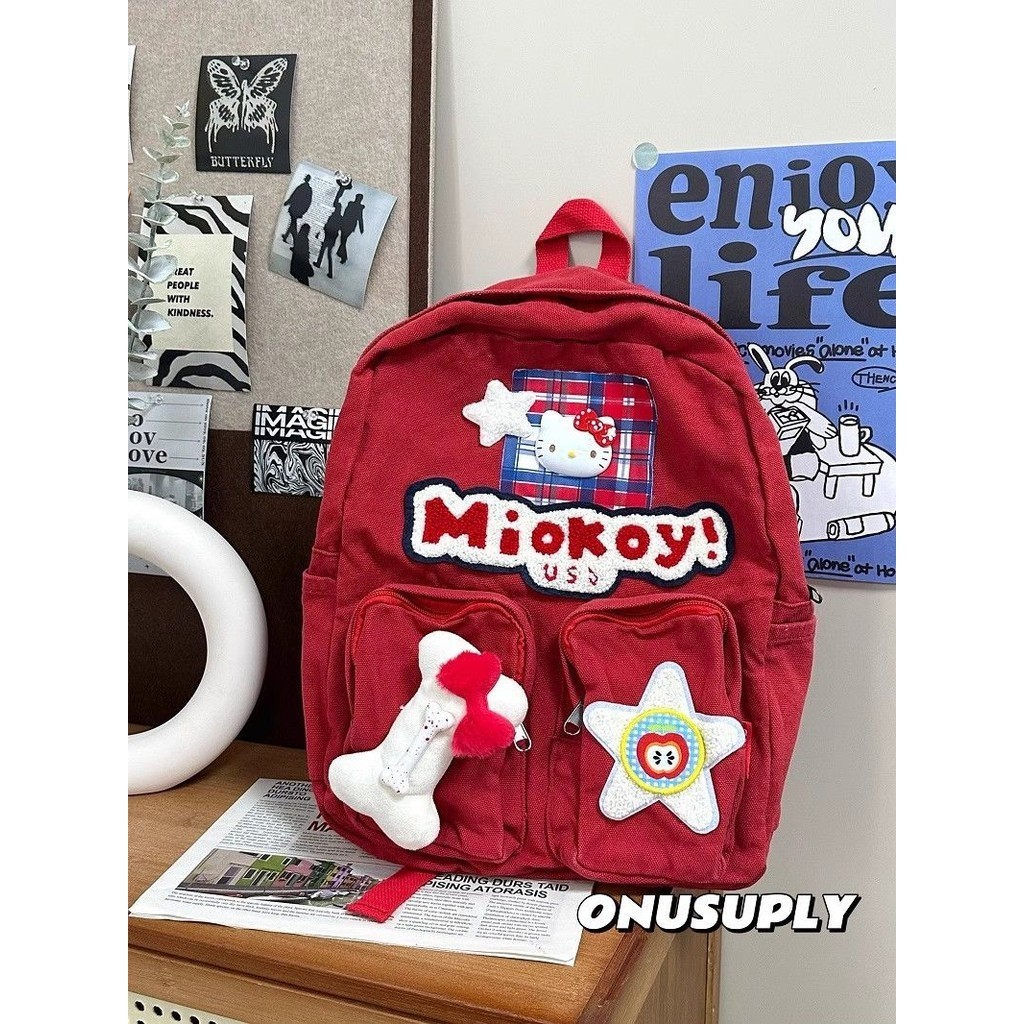 Ba lô hellokitty màu đỏ kiểu Mỹ Retro Túi đi học dung tích lớn Vải giặt ...