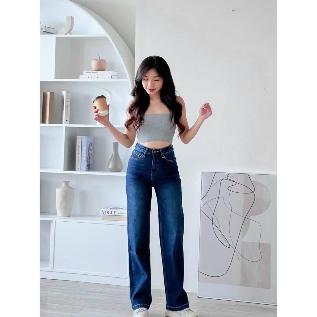 Ảnh TTTHAO - Quần jean nữ ống suông dài 92cm vải cotton co giãn cao cấp cho chị em nấm lùn J1 1