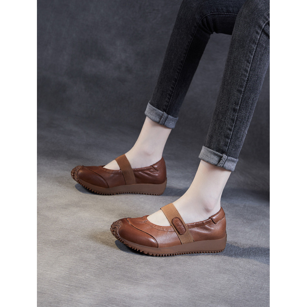 Mùa Xuân Mùa Hè Da Thật Đế Mềm Retro Nông Miệng Đơn Ngón Chân Lớp Da Bò Một Chân Đơn Giản Giày Nữ
