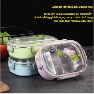 Hộp cơm 2 ngăn BUNA nắp trong suốt, Khay Inox 304 có thể dùng cho lò vi sóng tiện dụng 720ml.