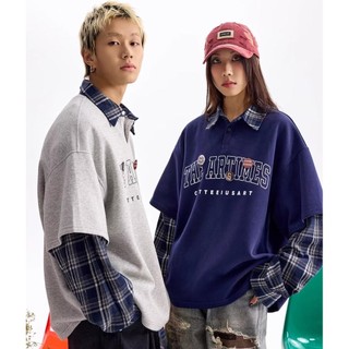 Áo nỉ nam ESEA kiểu Mỹ cổ điển dáng rộng phong cách hip-hop cổ gấp áo nỉ hai mảnh giả