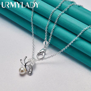 URMYLADY Bạc 925 Bướm Ngọc Trai Mặt Dây Chuyền 16-30 Inch Vòng Cổ Cho Nữ Trang Sức Thời Trang