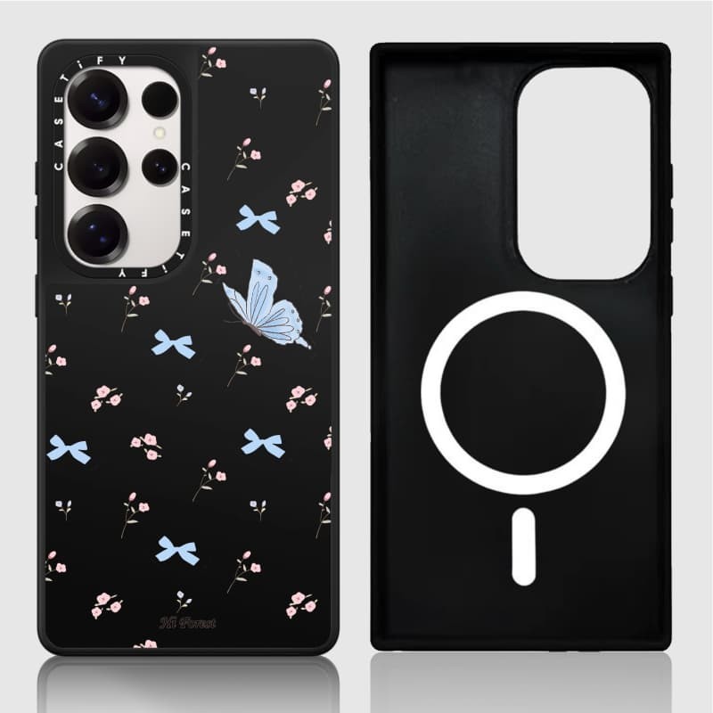 Casetify X Ốp lưng hình con bướm đẹp Matte Black & Sliver Mirror Vỏ hút từ tính Samsung Galaxy S23 S24 S25 Ultra Plus Mặt sau cứng có hộp khắc logo