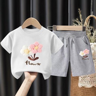 Bộ áo thun ngắn tay họa tiết hoa cho bé gái 2025 và quần Short dài đến đầu gối Bộ trang phục hợp thời trang