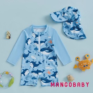 Mg-toddler Boy Rash Guard Đồ bơi có mũ 2 chiếc Bộ hoạt hình họa tiết cá voi có khóa kéo dài tay cổ tròn Đồ bơi