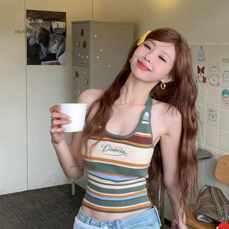 Hnkmp Summer Hot Girls Gợi Cảm Sọc Dây Lưng Không Tay Ôm Dệt Kim Camisole.