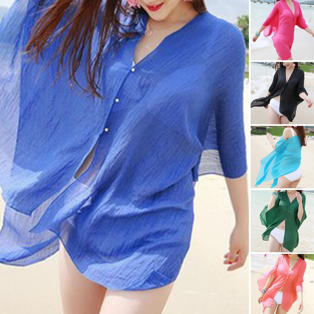 Cổ Chữ V Tay Không Đều Đơn Áo Sơ Mi Bikini Mỏng Thoáng Khí Voan Bikini Che Nắng
