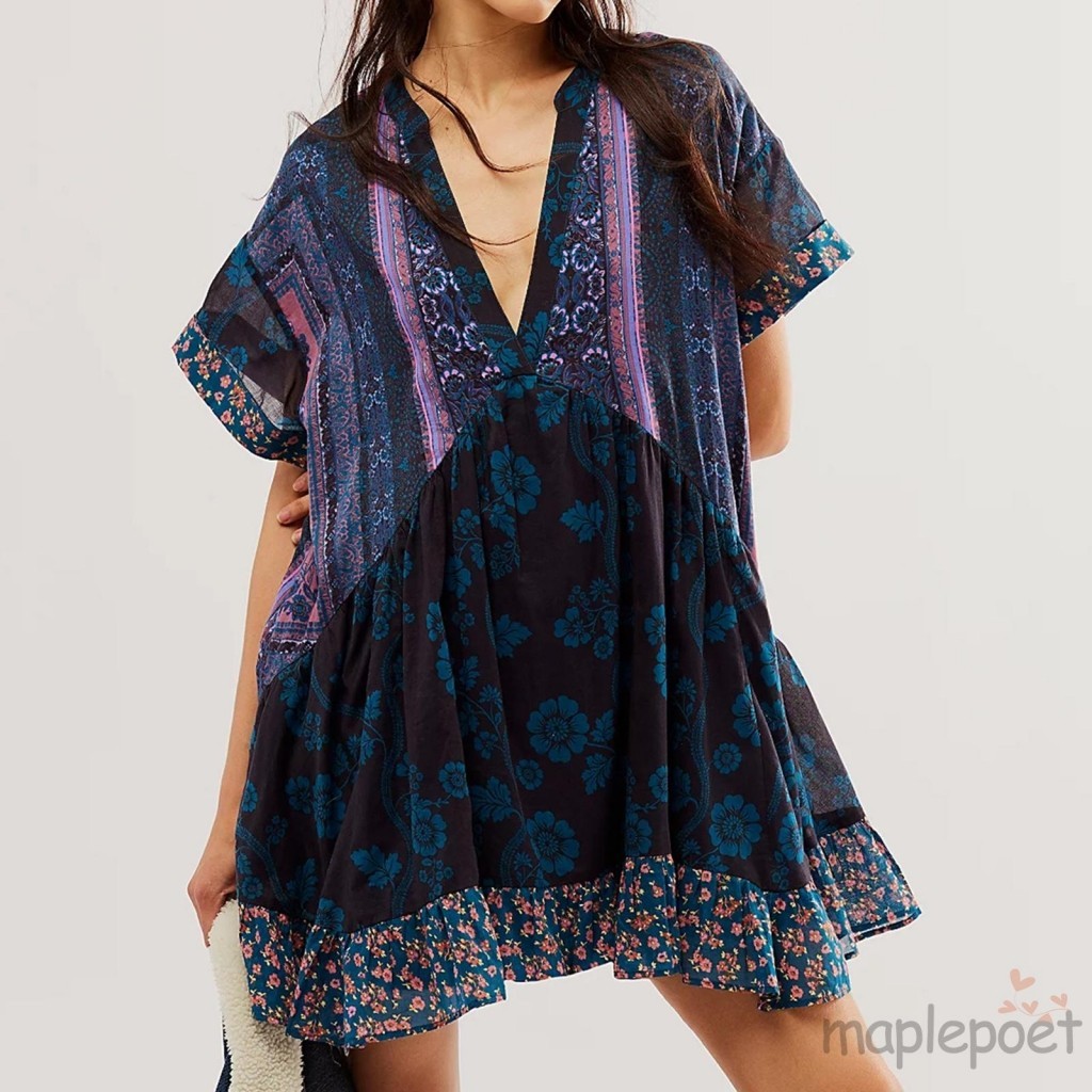 Maplepoet-đầm Babydoll mùa hè dành cho nữ Váy ngắn tay cổ chữ V in hoa Bohemian có túi