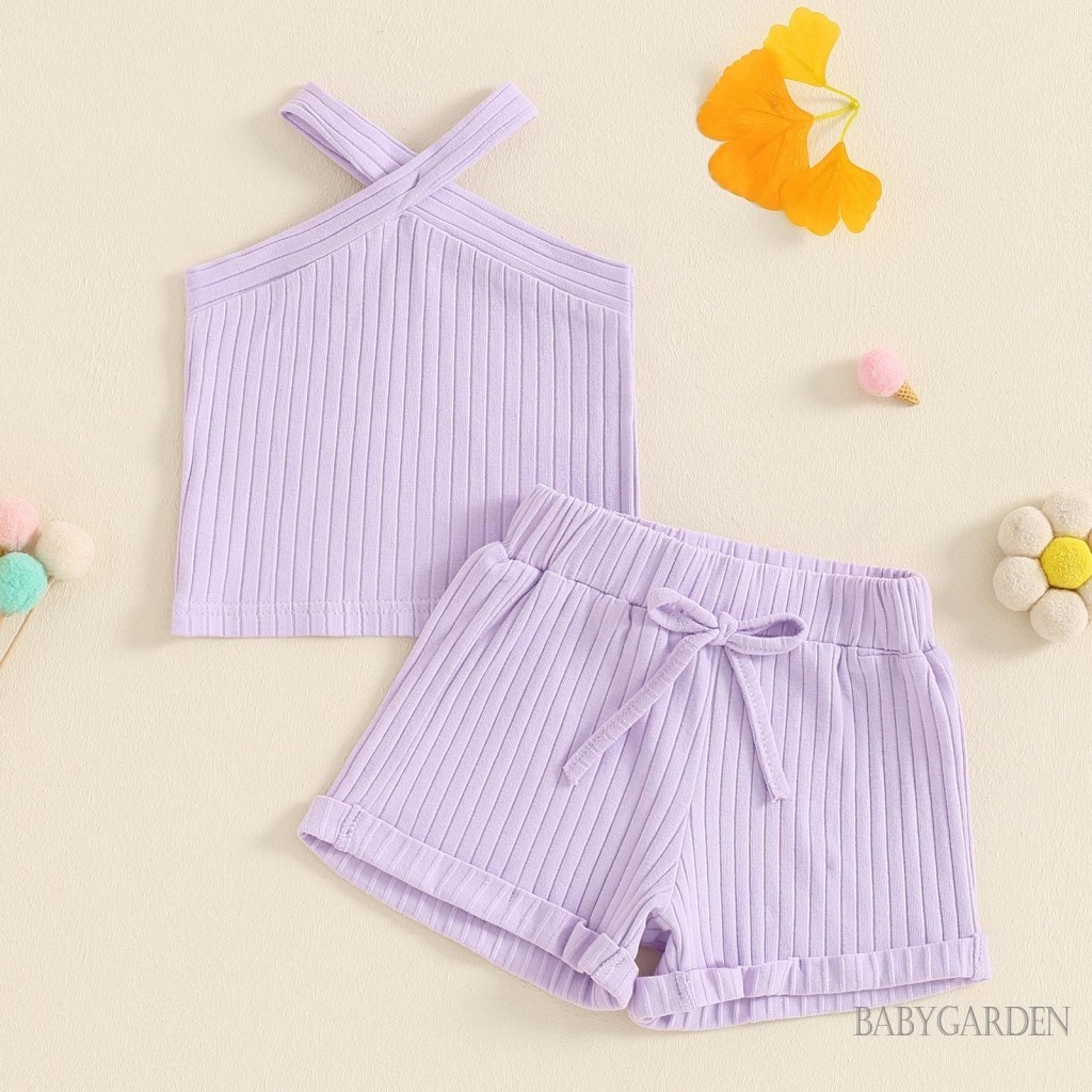 Baga-6 tháng-4year Bé Gái Mùa Hè 2 Bộ Màu Trơn Không Tay Chữ Thập Áo + Quần Short