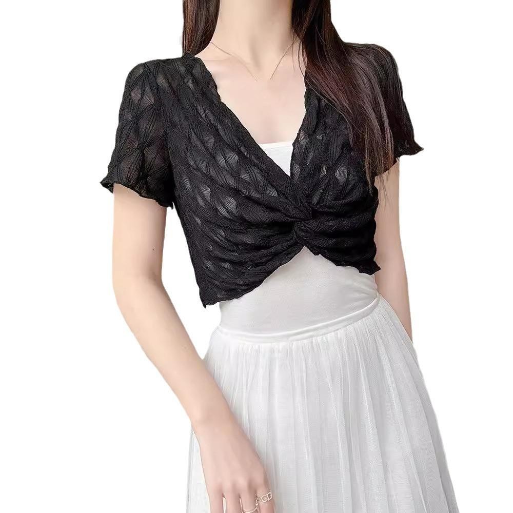 Áo Chui Đầu Ren CHIPHIVE lưới cổ chữ V rỗng crop top sọc thời trang, phù hợp cho kỳ nghỉ và bảo vệ khỏi ánh nắng