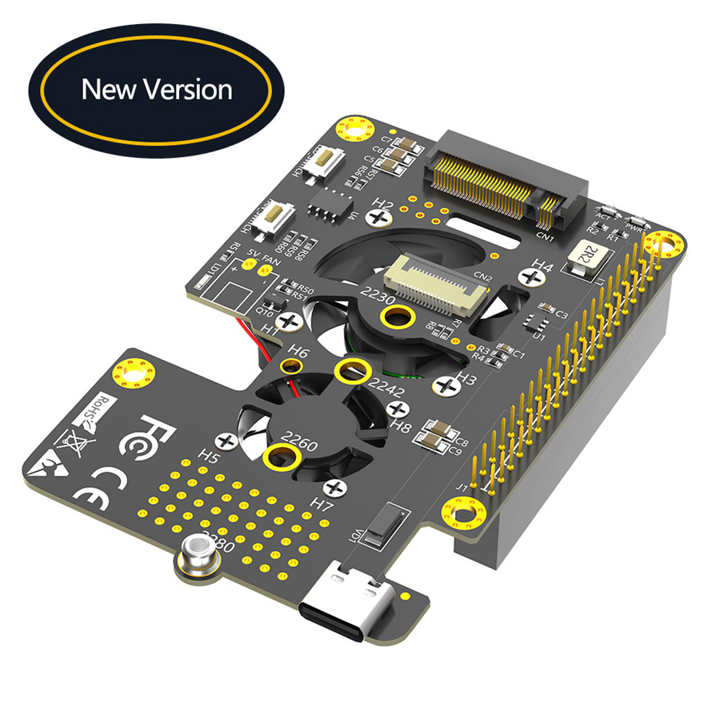 Jmt Phiên bản mới Combo 3 trong 1 M.2 NVMe SSD sang PCI-E Bộ chuyển đổi với quạt làm mát kép và đèn LED đổi màu tự động cho Raspberry Pi 5