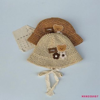 Mg-little Girl Mùa Hè Mũ Rơm Gấu Họa Tiết Hoa Thoáng Khí Vành Rộng Người Cá Mũ Cho Bãi Biển