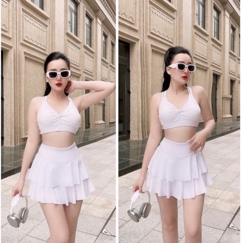 Set váy xòe tầng tập aerobic, đi bơi, ... áo xoắn ngực đan dây sau nhiều màu, co giãn thoải mái TS01