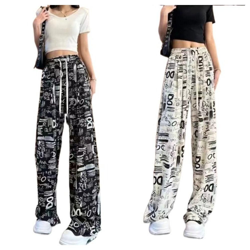 Quần ống rộng lưng cao dành cho nữ GOJO, Quần dây rút thẳng mùa hè Y2K, Quần Baggy thời trang in chữ thắt lưng thun