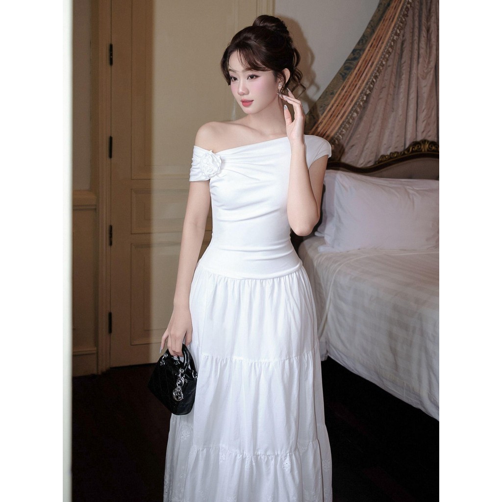 Ảnh JOVEN Đầm Nữ Liora Phối Hai Chất Liệu Họa Tiết Hoa Vai Phải 2
