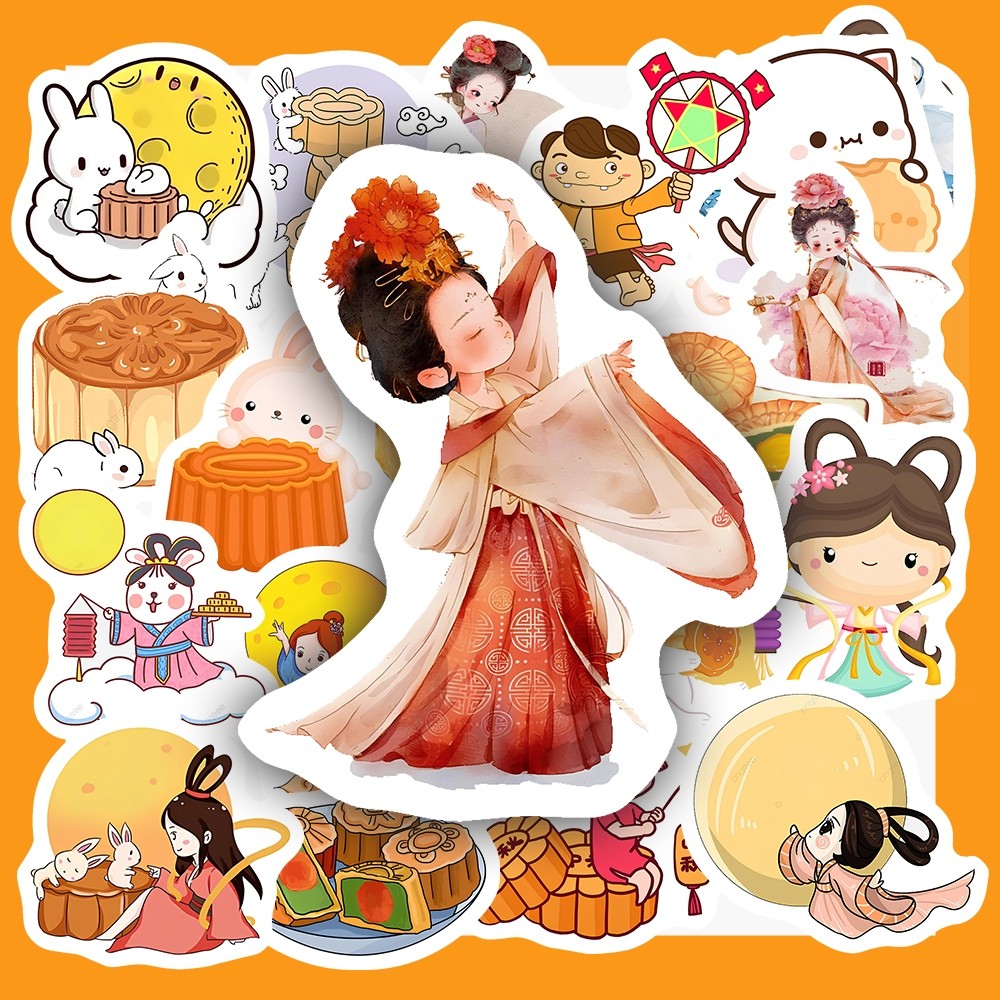 Hộp 25 Miếng Dán Sticker HÌNH ẢNH TRUNG THU - Chống Thấm Nước Trang Trí laptop, vali - NSX Gì Cũng In