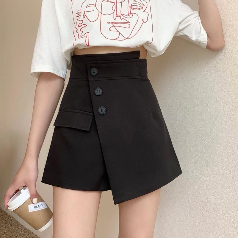 Váy Size Lớn Mùa Hè Eo Cao Chữ A Váy Ôm Hơn Nhìn Không Đều Đen Culottes Váy Ngắn