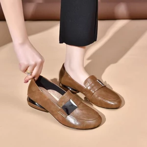 Retro Handmade Da Mềm Loafers 2024 Xuân Thu Thấp Gót Nông Miệng Đế Mềm Mũi Tròn Chống Trơn Trượt Giày Da Đơn Nữ 25.3.12