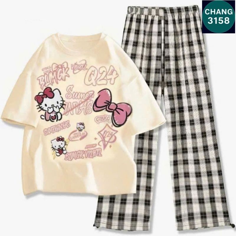 Tổng Hợp Các Sét Quần Ống Rộng + Mix Áo Phông Hình Mèo HÊ LÔ KÍT TI form rộng - Hình Mèo Màu BE-CHANG 3158
