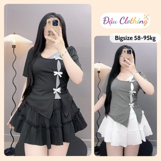 Set Áo Váy Bigsize Nữ Áo Kiểu Phối 2 Lớp Đính Nơ kèm Chân Váy Xòe Dễ Thương 50-95kg SET978