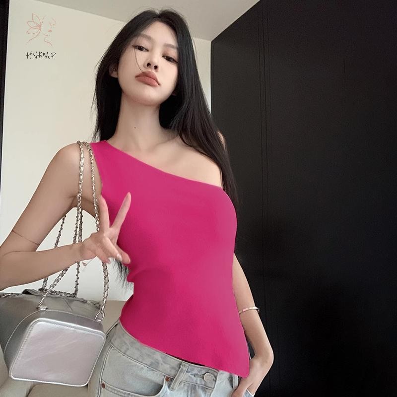 Hnkmp Nữ Sườn Vai Áo Vest Màu Trơn Không Tay Không Đều Áo Mùa Hè.