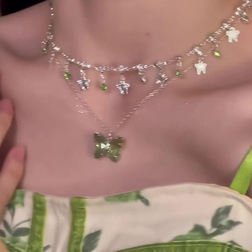Vòng Cổ Bướm LACYES, Dây Xích Xương Đòn Tua Rua Zircon, Trang Sức Thanh Lịch Hai Lớp Kim Cương Giả Sáng Bóng Tiệc