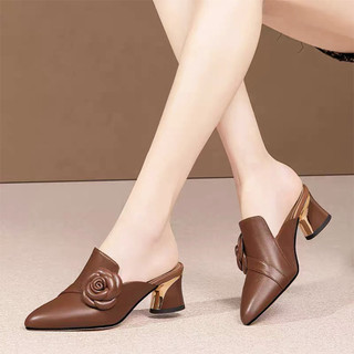 Giày sục cao gót đế vuông đính bông hoa thời trang hot trend KATI chất da cực sang chảnh - CG791