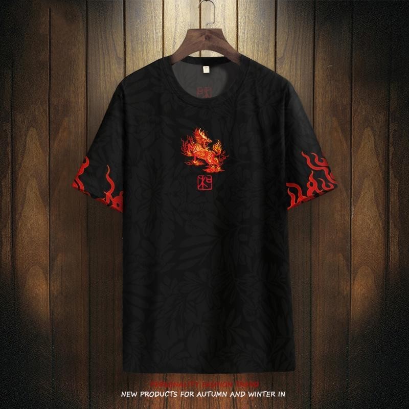 Áo thun ngắn tay thời trang quốc gia Áo thun nam in hình Kirin hợp thời trang Áo thun ngắn tay Slim Fit Giảm béo Ice Silk Áo thun đường phố cao cấp khô nhanh