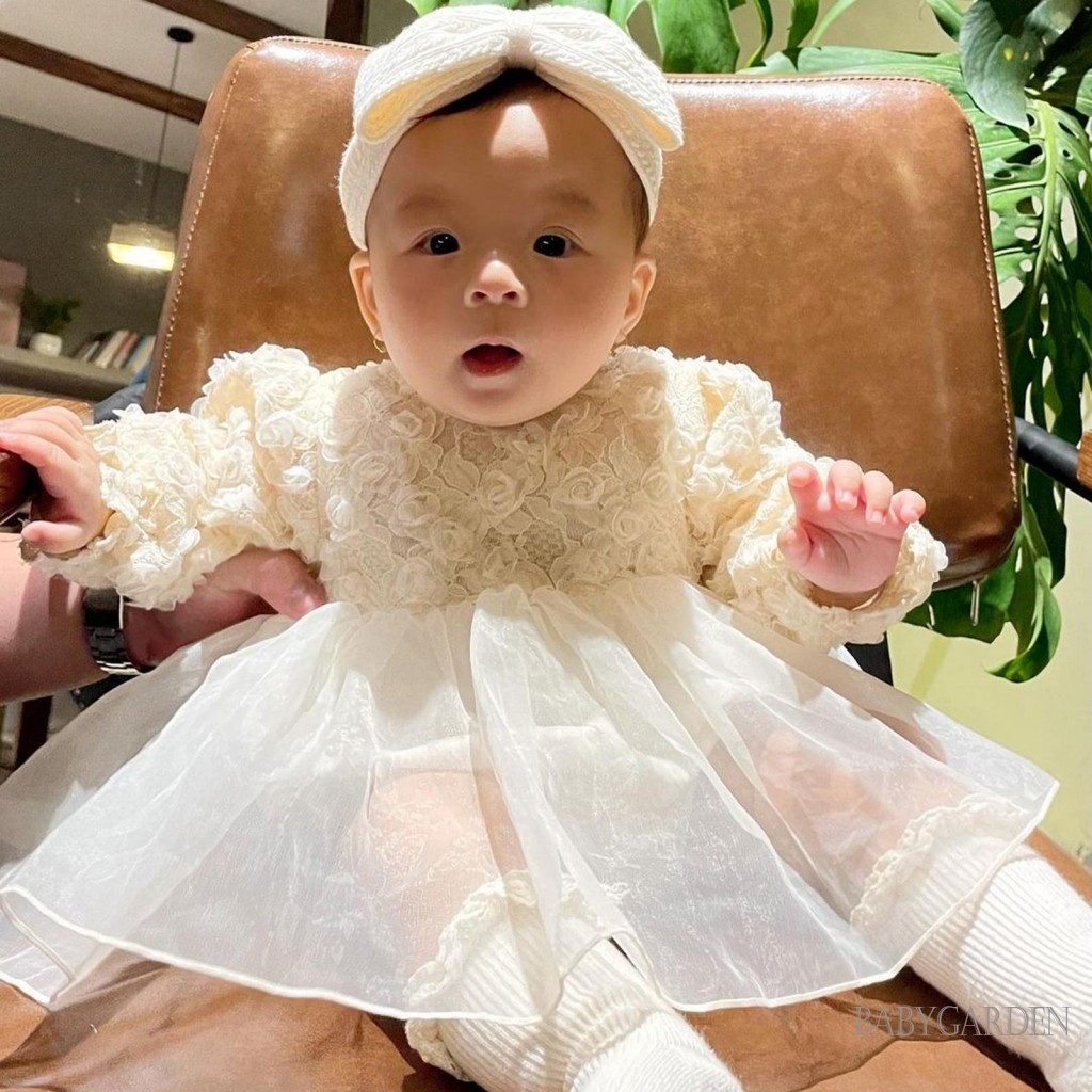 Baga-baby Bé Gái Mùa Thu Áo Liền Quần Dài Tay Ren Hoa Tulle Chắp Vá Công Chúa Trẻ Sơ Sinh Romper Có Băng Đô