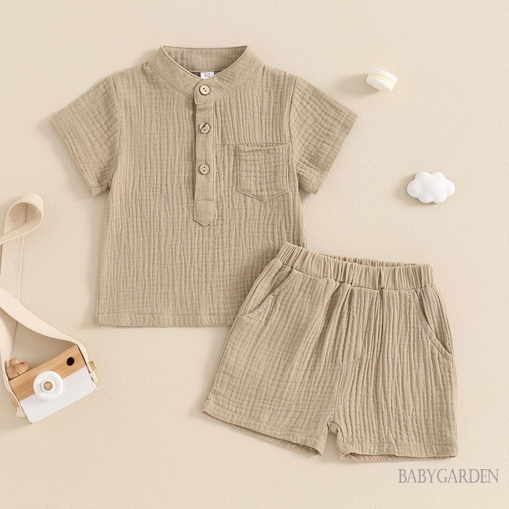 Baga-6 tháng-4year Bé Trai Bộ 2 Quần Áo Cổ Tròn Tay Ngắn + Quần Short Eo Co Giãn