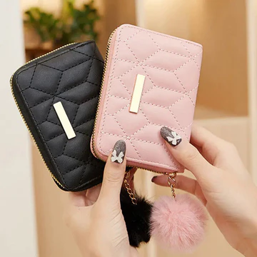 Ví da nhỏ dành cho nữ Ví đựng thẻ tín dụng Ví gấp đôi có bóng Pompom Ví nữ Ví đựng thẻ tín dụng Ví ly hợp