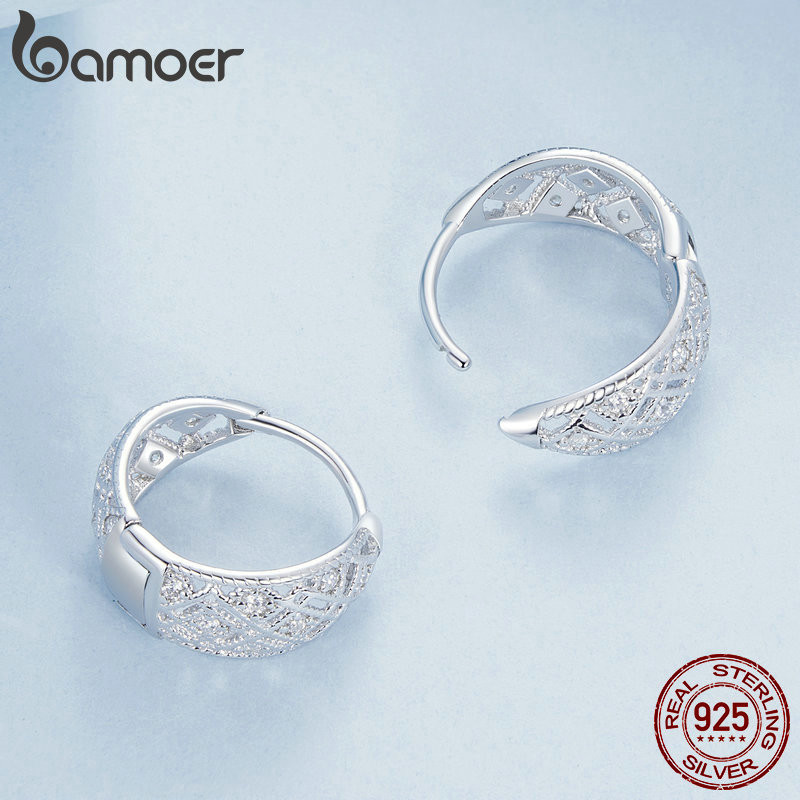 Bamoer 925 Sterling Sliver Vòng Bông Tai Vintage Thiết Kế Ren Trang Sức Quà Tặng Cho Nữ
