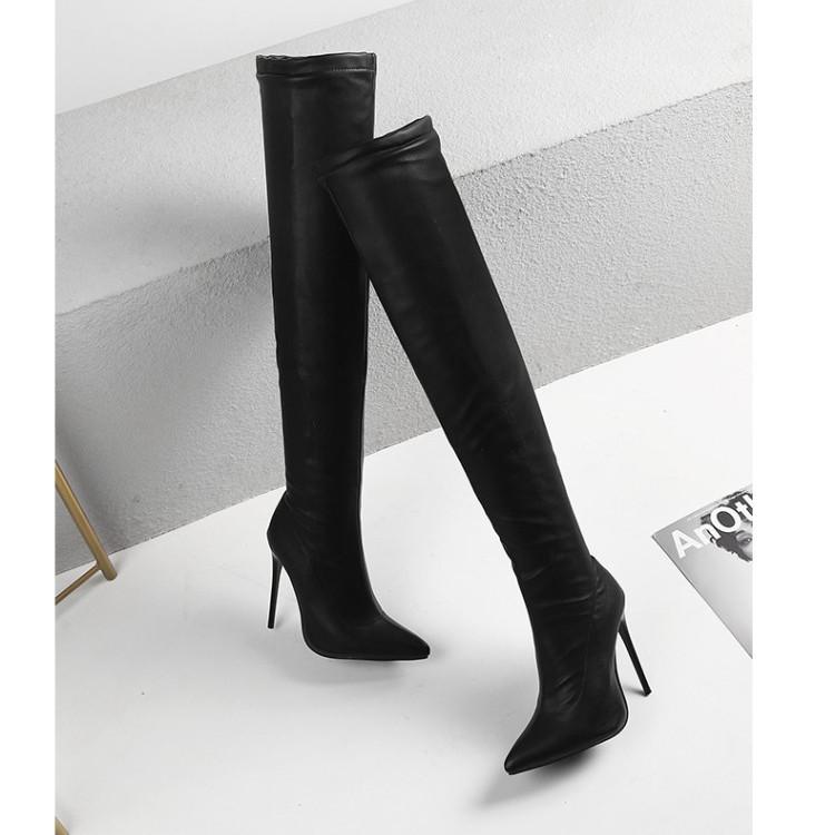 Giày Bốt Nữ Cao Gót 12CM Stiletto, Dây Giày Co Giãn, Đen, Size 34–48, Trên Đầu Gối