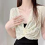 Áo thun ren DELMER, Áo Crop top lưới cổ chữ V rỗng, sọc thời trang xuyên thấu phong cách Hàn Quốc Khăn choàng chống nắng cho nữ