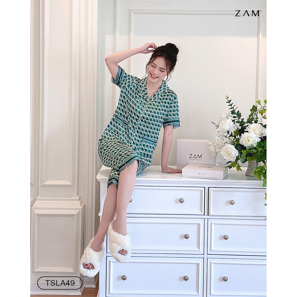 Ảnh BỘ MẶC NHÀ SHE BY ZAM - TSLA49 - BỘ NGẮN TAY QUẦN LỬNG ĐAN CHÉO XANH 2