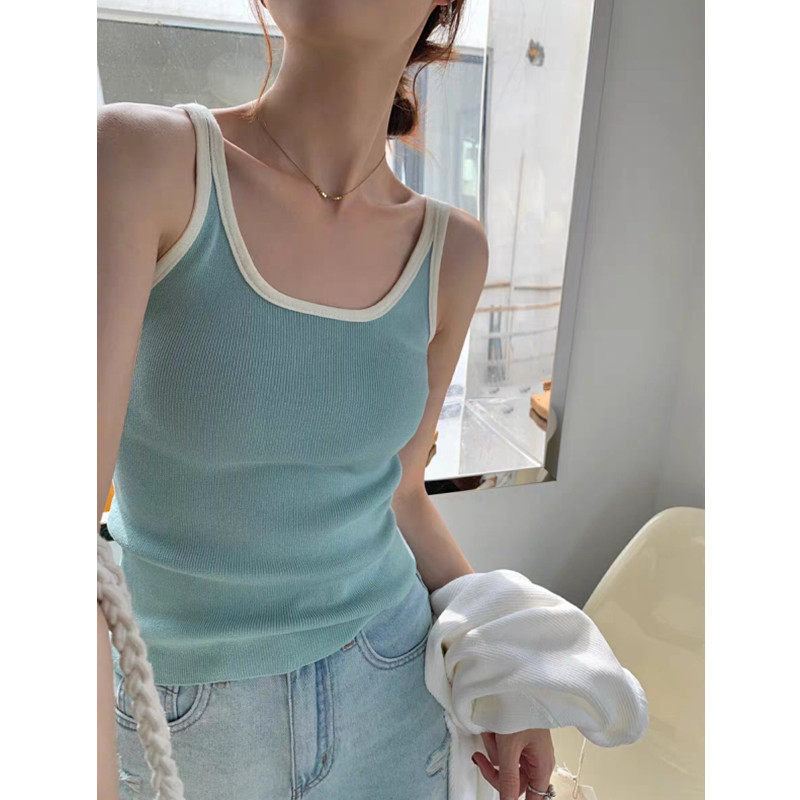 Suxi Retro Tương Phản Sọc Mỏng Fit Dệt Kim Treo Xe Tăng Top Nữ Áo Ngắn 240617