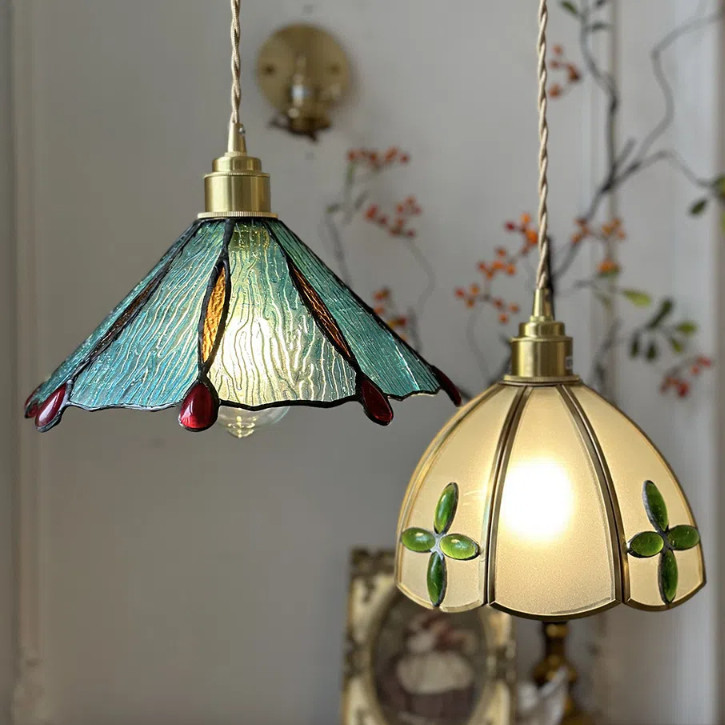 đèn thả bàn ăn LED cổ điển, đèn chùm kính màu, trang trí phòng ngủ, phòng khách, bếp